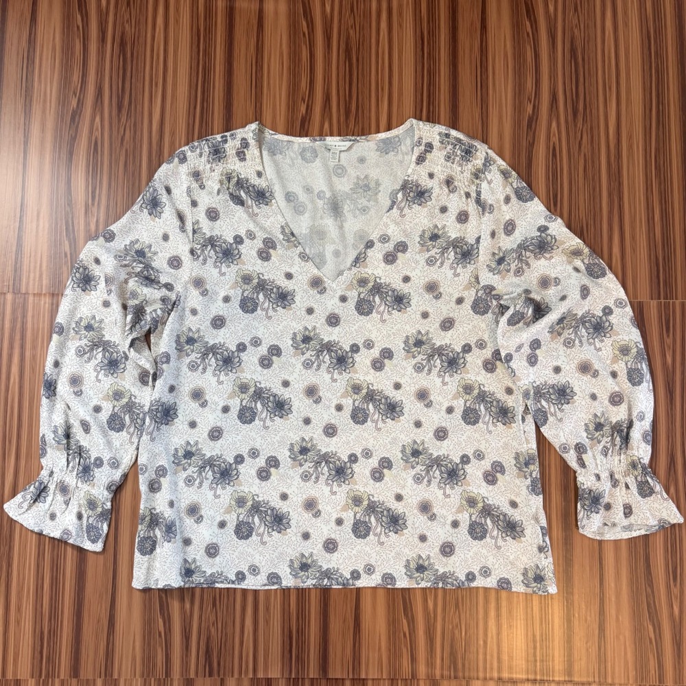 Lucky Brand Blue Floral V-Neck Blouse Boho Cottagecore Prairie Romantic Medium